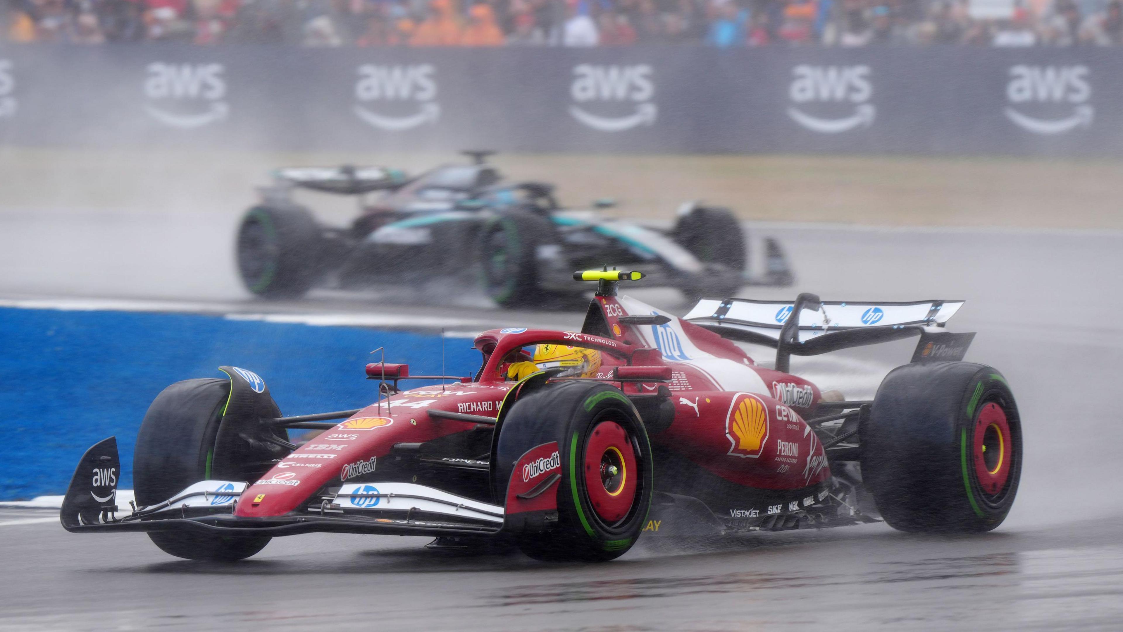 Lewis Hamilton Struggles with Ferrari in Wet-Dry British Grand Prix
